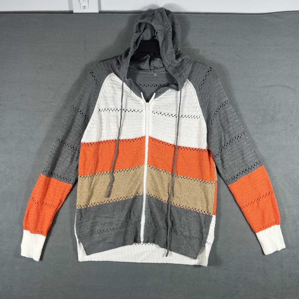 Women's Size M Full Zip Hooded Sweater Colorblock Open Knit Acrylic Hoodie